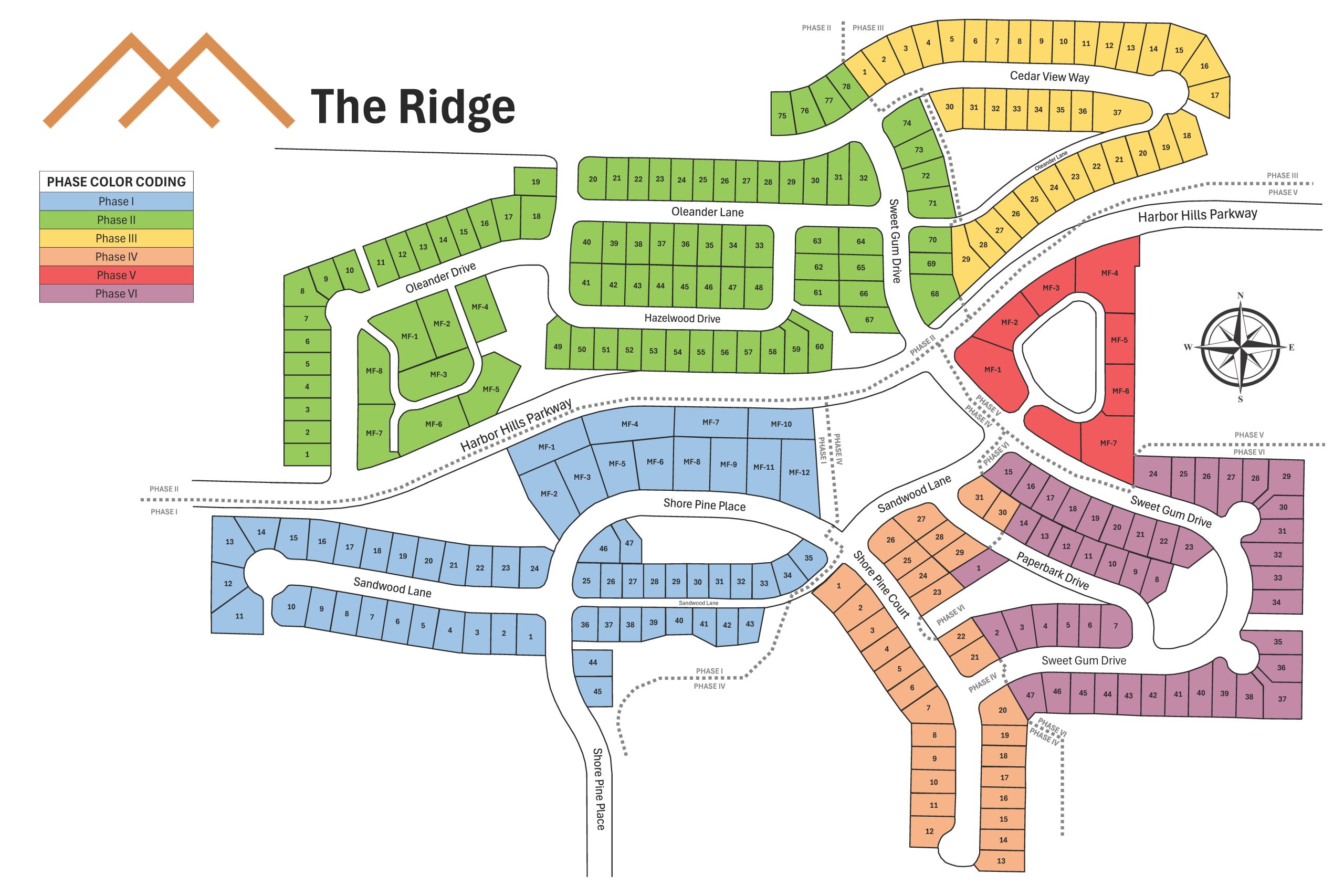 Site map of all phases at The Ridge at Harbor Hills in Blaine, WA