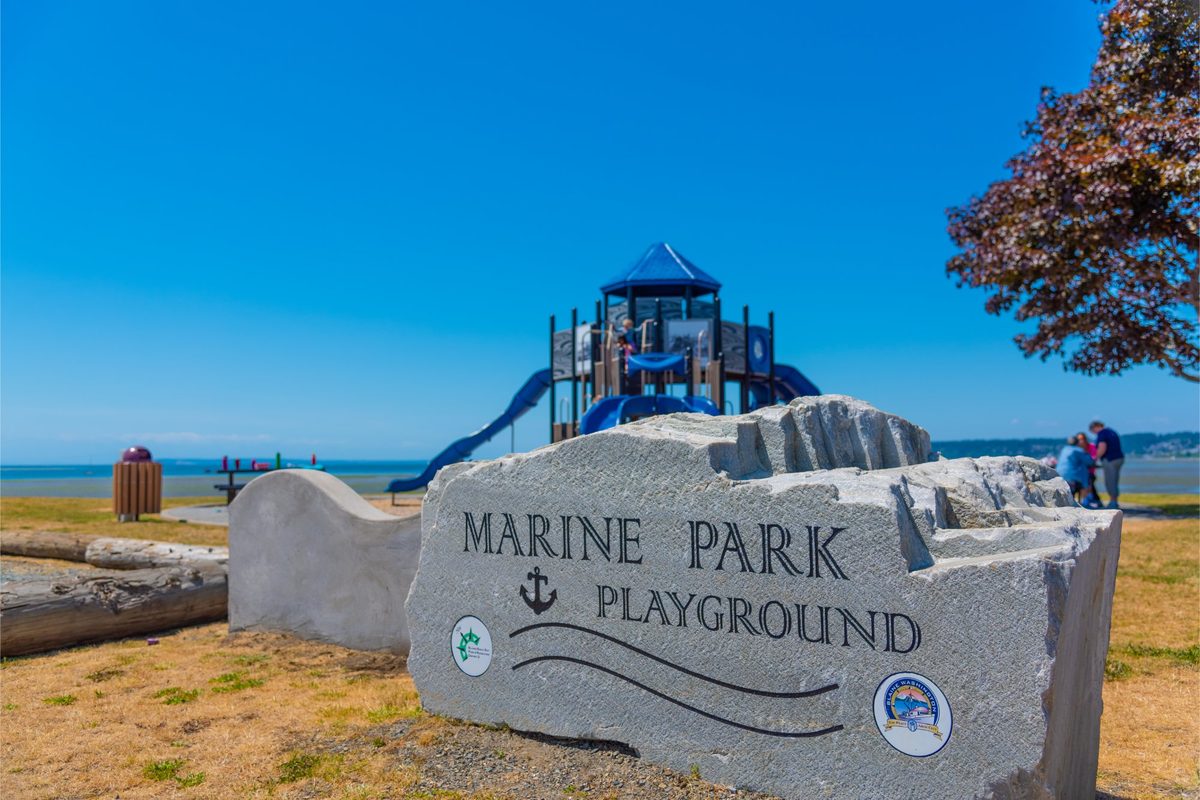 Marine Park Playground sign and playground at Blaine Marine Park in Blaine, WA