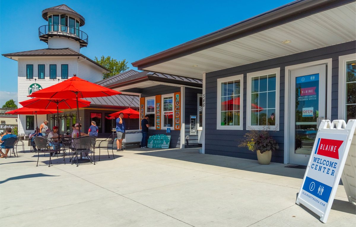 Blaine Welcome Center and outdoor patio seating in downtown Blaine, WA