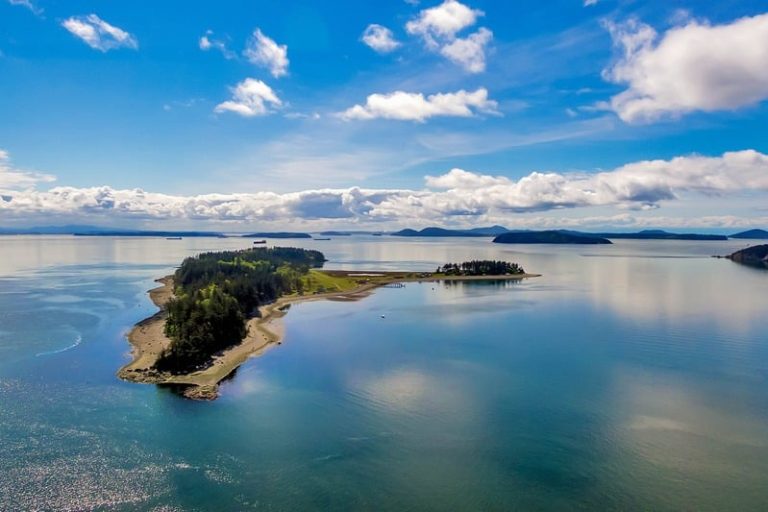 Aerial view of Eliza Island in Bellingham Bay, Whatcom County