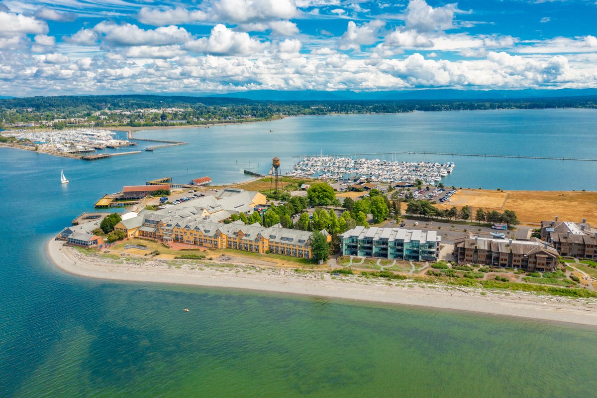 Aerial view of Semiahmoo Spit and Drayton Harbor in Blaine, WA