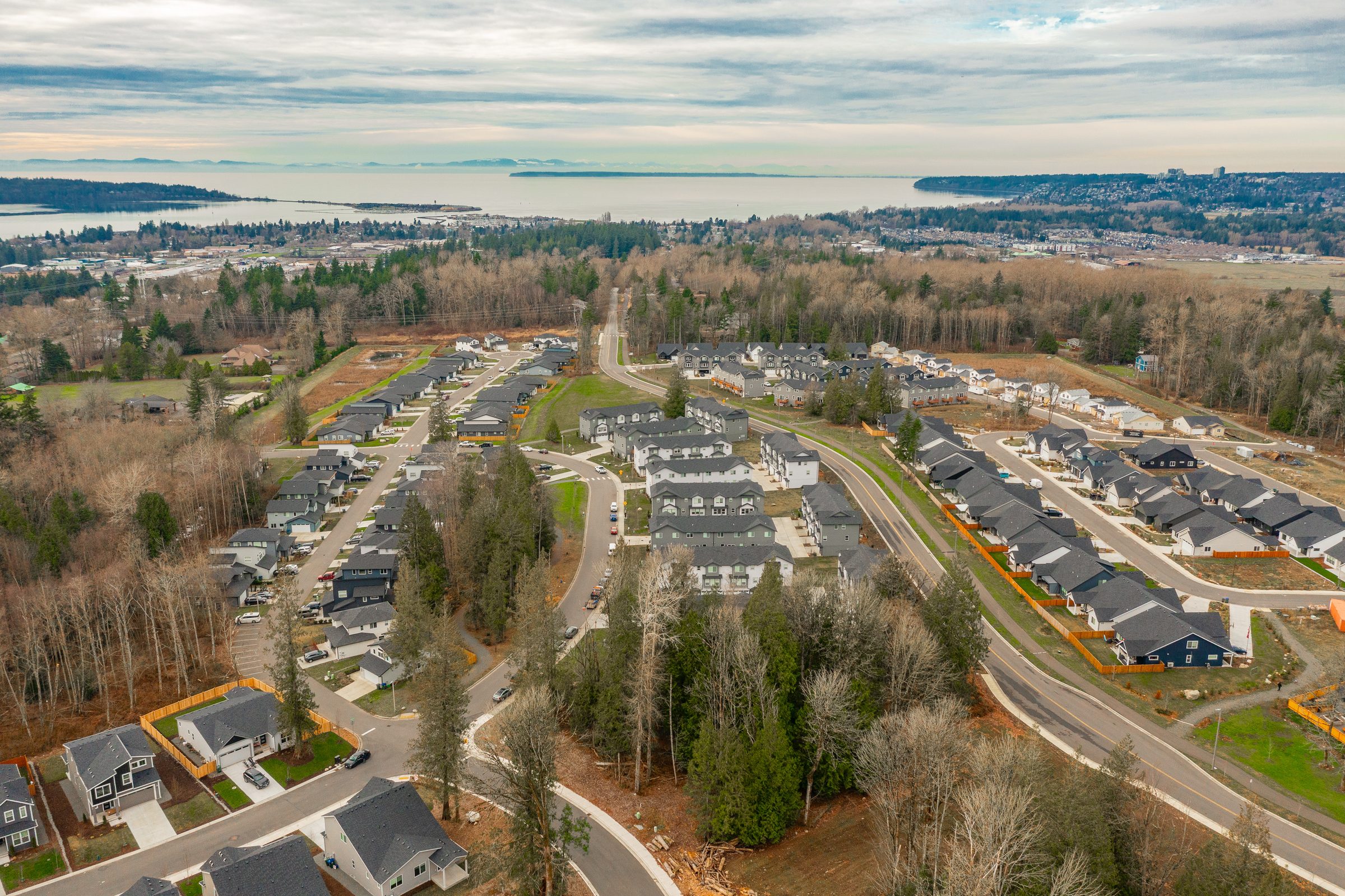 Aerial view of The Ridge at Harbor Hills new construction neighborhood in Blaine, WA